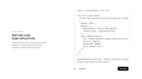 Smallest.ai features section: developer copy on the left beside a JavaScript API code block with a Get API key button on white