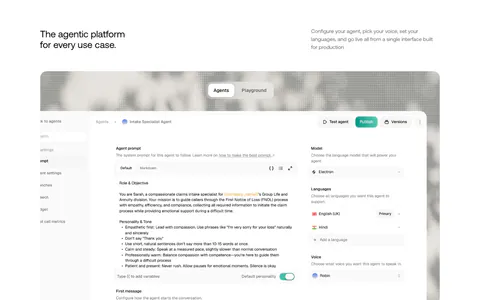 Smallest.ai features section: headline and copy above a large agent configuration UI screenshot with Agents/Playground tabs