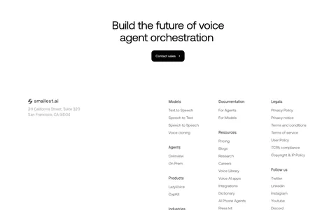 Smallest.ai footer section: centered CTA headline and Contact sales button above logo, address, link column groups and a status bar