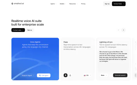 Smallest.ai hero section: left-aligned headline with sales buttons above a carousel of product demo cards for voice agents and speech models