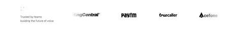 Smallest.ai logo cloud section: small Trusted by label on the left beside a row of grayscale RingCentral, Paytm, Truecaller and Acefone logos