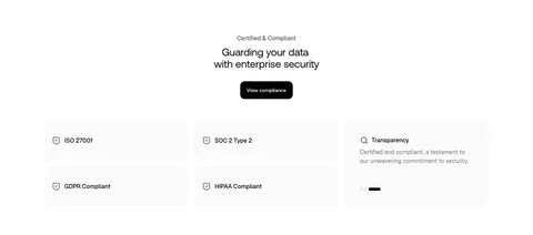 Smallest.ai security section: centered headline and compliance button above light cards for ISO 27001, SOC 2, GDPR, HIPAA and transparency