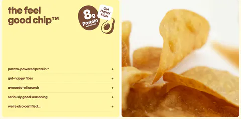 Snackish features section: pale yellow panel with headline, protein badge and accordion list beside a close-up photo of potato chips