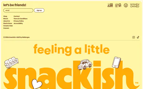 Snackish footer section: pale yellow footer with email signup, link columns, certification badges and a giant illustrated snackish wordmark