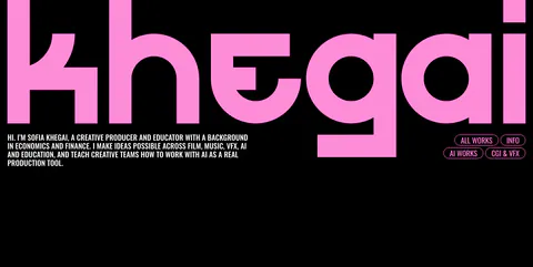 Khegai hero section: giant pink display wordmark across the top, uppercase intro text and pink outlined filter pills on black