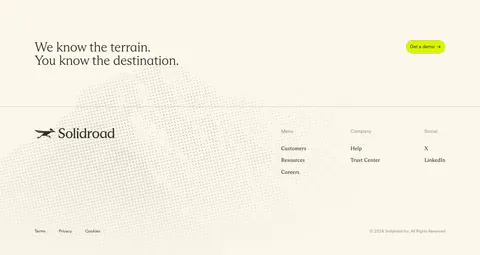 Solidroad footer section: serif CTA headline and lime button above logo and link columns on cream with a faint halftone dot texture