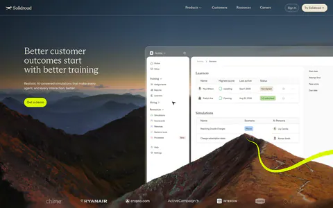 Solidroad hero section: serif headline and lime button over a mountain landscape photo beside a training dashboard UI, logo row below