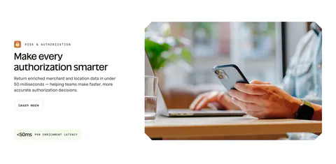 Spade features section: labeled headline, copy, button and latency stat chip on the left beside a photo of hands holding a phone at a laptop