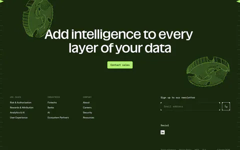 Spade footer section: dark green CTA with centered headline, green button and line-art coins above link columns and a newsletter email field