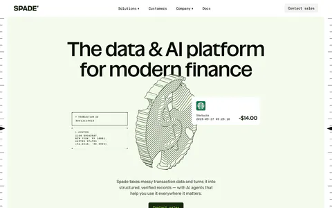 Spade hero section: centered headline over a line-art coin drawing with transaction data cards on a mint green panel, button below