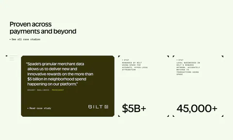 Spade testimonials section: headline above a dark olive quote card with Bilt logo beside two stat blocks with corner marks on mint green