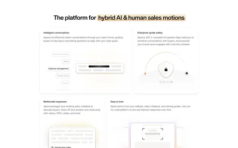 Spara features section: centered headline with highlighted phrase above a four-tile bento grid of feature cards with abstract UI art