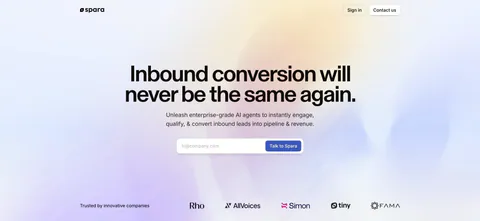 Spara hero section: centered headline and email form over a soft pastel gradient, with a trusted-by logo row at the bottom