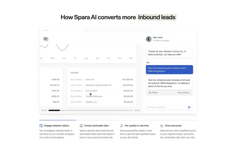 Spara how it works section: centered headline above a demo video player with AI chat panel and four step tabs below