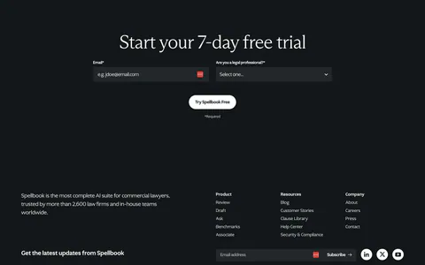 Spellbook footer section: trial signup form, link columns, newsletter field and a huge faded Spellbook wordmark with logo on dark charcoal