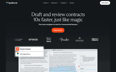 Spellbook hero section: centered serif headline, orange demo button, customer logo row and a contract review UI screenshot on dark background