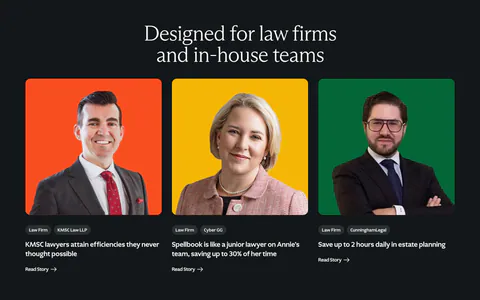 Spellbook testimonials section: serif headline above three customer story cards with lawyer portraits on orange, yellow and green backdrops