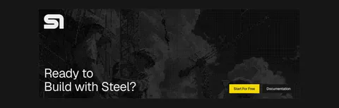 Steel call-to-action section: dithered grayscale construction photo banner with logo, large headline and yellow button on a dark background