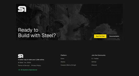 Steel footer section: dithered photo CTA banner above a logo, copyright, link columns and status indicator on a dark grid background