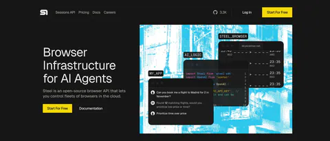 Steel hero section: headline and yellow buttons on the left, cyan dithered artwork with code and chat UI windows on the right, dark theme