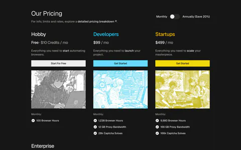 Steel pricing section: three plan cards with dithered anime-style images, monthly/annual toggle and an enterprise row on a dark background