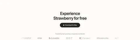 Strawberry call to action section: centered headline and dark download button above a faded customer logo strip