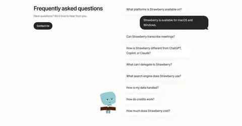 Strawberry FAQ section: headline and contact button on the left, questions as chat bubbles with one dark answer and a character