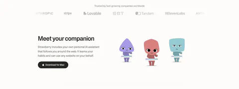 Strawberry features section: logo strip on top, then headline and download button beside three cartoon companion characters