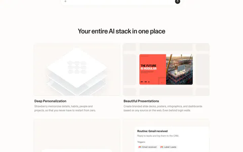Strawberry features section: centered headline over a 2x2 grid of cards with UI snippets for personalization, slides, notes and workflows