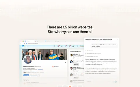 Strawberry features section: centered headline above a browser screenshot of a LinkedIn profile with an AI research chat panel