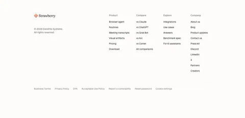 Strawberry footer section: logo and copyright on the left, four link columns on the right, legal links row on a cream background