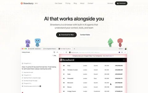 Strawberry hero section: centered headline and buttons, cartoon characters perched on a browser screenshot showing an AI agent task