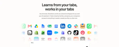 Strawberry integrations section: centered headline and copy above rows of fading app icons and the top of a prompt input box