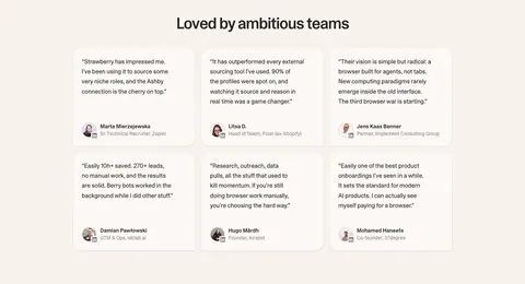Strawberry testimonials section: centered headline over a 3x2 grid of rounded quote cards with avatars on a cream background
