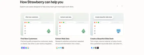 Strawberry use cases section: three use case cards with mini browser mockups, characters and tool icons, with slider arrows