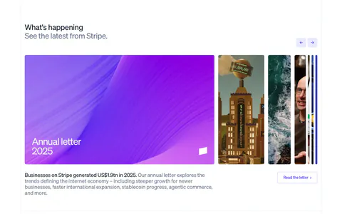 Stripe blog & resources section: news carousel with a large purple Annual letter card and arrows, above a Book of the week cover and blurb