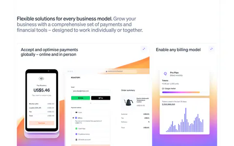 Stripe features section: left-aligned headline above a six-tile bento grid with POS terminal, checkout, billing chart, card and accounts table UI