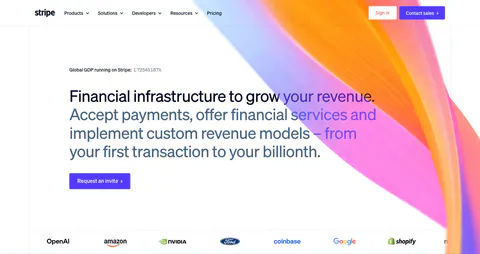 Stripe hero section: nav bar, left-aligned headline with gray subcopy and invite button, orange-pink gradient ribbon at right, customer logo row