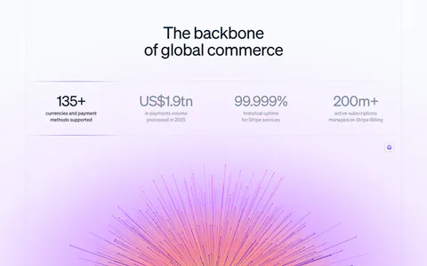 Stripe stats section: centered headline above a row of four large metrics, with a purple-pink radiating line artwork glowing below