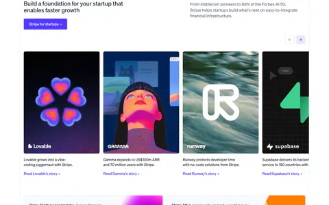 Stripe testimonials section: startup headline and button above a carousel of customer story cards, with two gradient promo cards below
