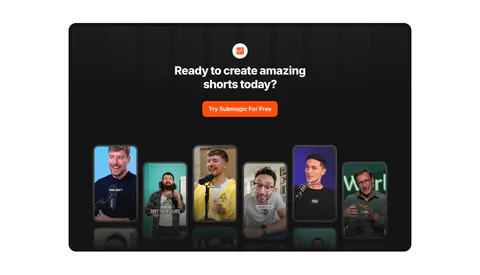 Submagic call-to-action section: centered headline and orange button in a dark rounded panel above a row of vertical creator video thumbnails