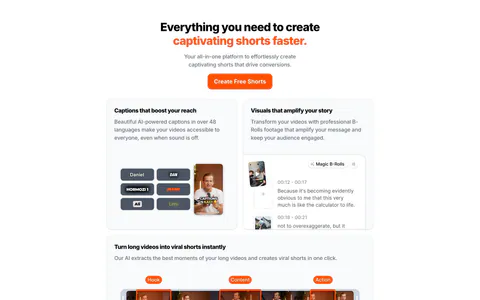 Submagic features section: centered headline with orange accent above a bento grid of light cards showing caption, clip and editing UI