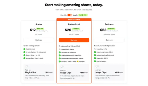 Submagic pricing section: centered headline, monthly/yearly toggle and three plan cards with a highlighted orange Professional tier on white