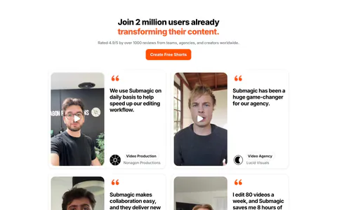 Submagic testimonials section: centered headline and orange button above a 2x2 grid of quote cards with creator video thumbnails