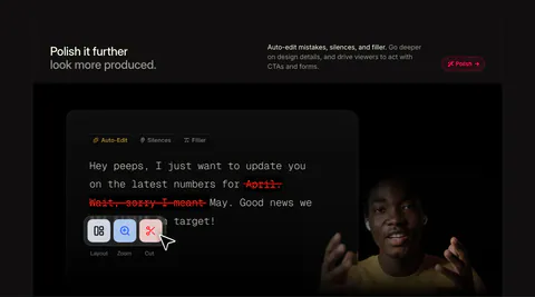 Supercut features section: headline row above a transcript editor with struck-out filler words, Layout, Zoom, Cut tools and a presenter