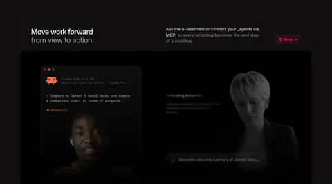 Supercut features section: headline row above a Claude Code terminal prompt and a generating-document panel over faded presenters