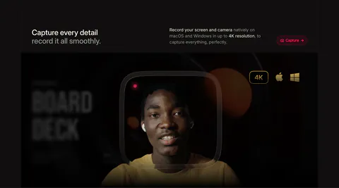 Supercut features section: headline row with Capture button above a webcam recording frame of a smiling presenter with 4K badge