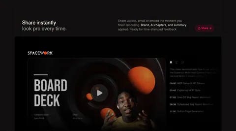 Supercut features section: headline row with Share button above a branded video player showing a Board Deck slide and chapter list