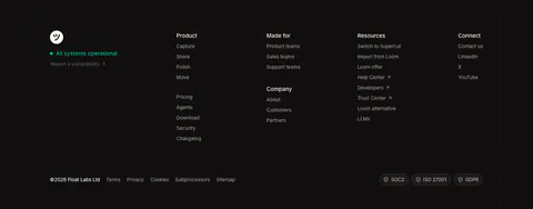 Supercut footer section: logo with status indicator, four link columns, legal links and SOC2, ISO 27001, GDPR badges on dark