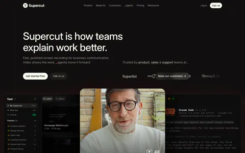 Supercut hero section: left-aligned headline with two buttons and customer logos above a recorder panel with webcam video over app UI